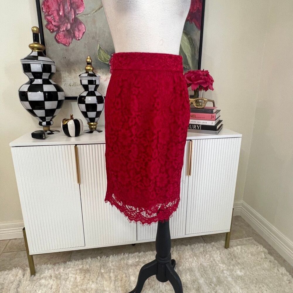 J. Crew Women's Pintucked Floral Lace Pleated Midi Pencil Skirt Red Size 2P NWT